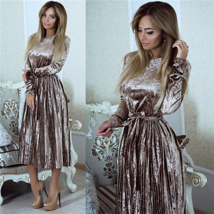 Susi&Rita Vintage Long Sleeve Velvet Dress Women 2019 Bodycon Belted Midi Dress Spring Pleated Party Dresses Vestidos Robe Femme