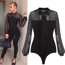 Load image into Gallery viewer, New  Summer Bodysuit Women Sexy Bow Mock Neck Patchwork Long Sleeve Back Ladies Lace Mesh Bodysuit Transparent Tops