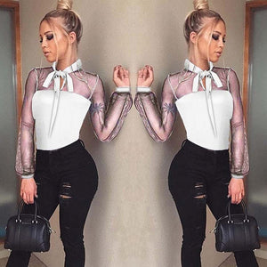 New  Summer Bodysuit Women Sexy Bow Mock Neck Patchwork Long Sleeve Back Ladies Lace Mesh Bodysuit Transparent Tops