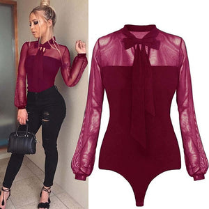 New  Summer Bodysuit Women Sexy Bow Mock Neck Patchwork Long Sleeve Back Ladies Lace Mesh Bodysuit Transparent Tops