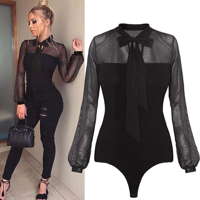 New  Summer Bodysuit Women Sexy Bow Mock Neck Patchwork Long Sleeve Back Ladies Lace Mesh Bodysuit Transparent Tops