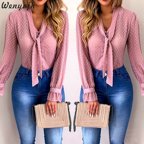 Wenyujh Women Blouses 2019 Fashion Long Sleeve V-neck Pink Shirt Chiffon Office Blouse Slim Casual Tops Plus Size S-5XL