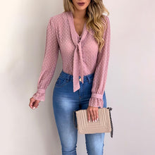 Load image into Gallery viewer, Wenyujh Women Blouses 2019 Fashion Long Sleeve V-neck Pink Shirt Chiffon Office Blouse Slim Casual Tops Plus Size S-5XL