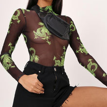 Load image into Gallery viewer, LVINMW Sexy Mesh See Through Chinese Dragon Print Skinny Bodysuit 2019 Autumn Women Long Sleeve Slim Female Streetwear Body Top