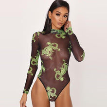 Load image into Gallery viewer, LVINMW Sexy Mesh See Through Chinese Dragon Print Skinny Bodysuit 2019 Autumn Women Long Sleeve Slim Female Streetwear Body Top