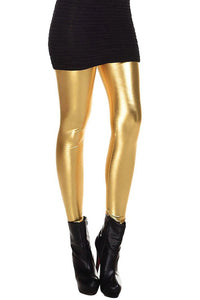 Metallic Wet Look Liquid Leggings Shiny Stretch Women Pencil Pants(gold)