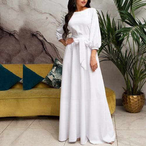 Vintage Bow Tie Maxi Long White Dress Women Lantern Sleeve Elegant Bandage Dress 2019 Solid o Neck Boho Floor-Length Dress