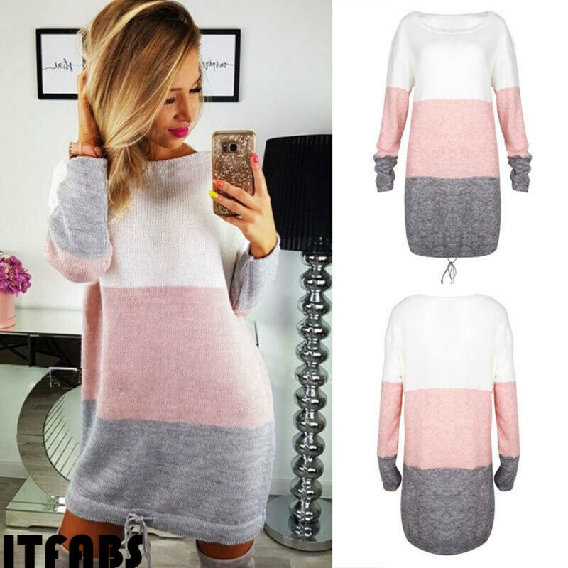 New 2019 Autumn Winter Women Long Sleeve Knit Cardigan Jumper Dress Tops Loose Casual Sweater Dress