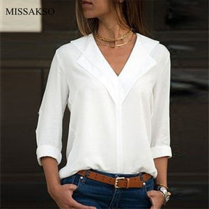 Spring Autumn Women Blouses Long Sleeve V Neck Chiffon Tops Office Lady Solid Black White Shirt Plus Size Blusasa Camisa