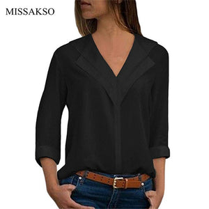 Spring Autumn Women Blouses Long Sleeve V Neck Chiffon Tops Office Lady Solid Black White Shirt Plus Size Blusasa Camisa