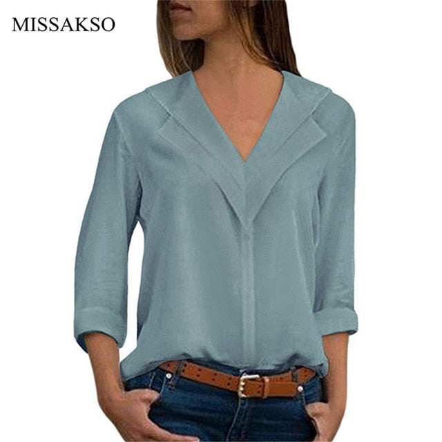 Spring Autumn Women Blouses Long Sleeve V Neck Chiffon Tops Office Lady Solid Black White Shirt Plus Size Blusasa Camisa