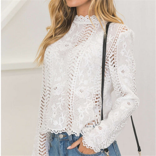 Autumn Fashion Women Ladies Blouse Long sleeve White Lace Hollow Turtleneck Tops Summer Elegant Blusa for female