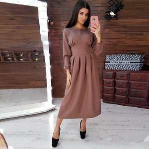 Women Vintage Hollow Out A-line Party Long Dress Long Sleeve O neck Solid Elegant Casual Dress 2019 Autumn New Fashion Dress