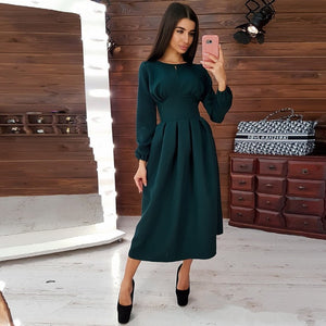 Women Vintage Hollow Out A-line Party Long Dress Long Sleeve O neck Solid Elegant Casual Dress 2019 Autumn New Fashion Dress