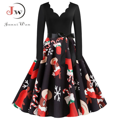 Black Big Swing Print Vintage Christmas Dress Women Winter Casual Long Sleeve V Neck Sexy New Year Party Dress Plus Size S~3XL