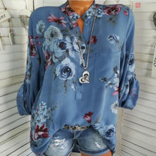 Load image into Gallery viewer, Women Floral Print Chiffon Blouse Long Sleeve V-neck Shirt Female Printed Tops Loose Pocket Blouses Harajuku