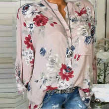 Load image into Gallery viewer, Women Floral Print Chiffon Blouse Long Sleeve V-neck Shirt Female Printed Tops Loose Pocket Blouses Harajuku