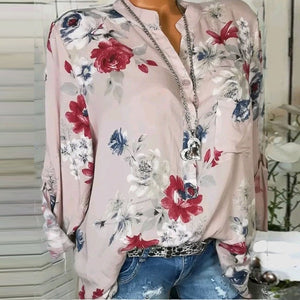 Women Floral Print Chiffon Blouse Long Sleeve V-neck Shirt Female Printed Tops Loose Pocket Blouses Harajuku