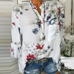 Women Floral Print Chiffon Blouse Long Sleeve V-neck Shirt Female Printed Tops Loose Pocket Blouses Harajuku