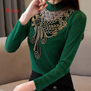 New Women 2019 Autumn Winter Blouse Mesh Shirt Fashion Warm Top Office Velvet Thick Lace Shirts Spring Blouses Plus Size Tops