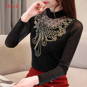 New Women 2019 Autumn Winter Blouse Mesh Shirt Fashion Warm Top Office Velvet Thick Lace Shirts Spring Blouses Plus Size Tops