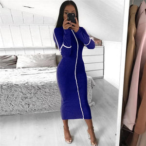 JIEZuoFang 2019 Summer And Autumn Women High Street Long Sleeve  Dress Temperament Slim Patchwork Contrast Midi Dress