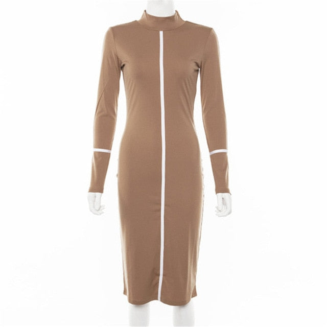 JIEZuoFang 2019 Summer And Autumn Women High Street Long Sleeve  Dress Temperament Slim Patchwork Contrast Midi Dress