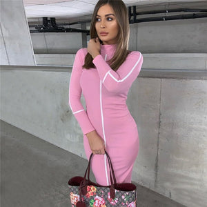 JIEZuoFang 2019 Summer And Autumn Women High Street Long Sleeve  Dress Temperament Slim Patchwork Contrast Midi Dress