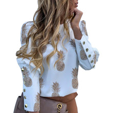 Load image into Gallery viewer, MoneRffi Puff Shoulder Blouse Shirts Office Lady New Autumn Metal Buttoned Detail Blouses Women Pineapple Print Long Sleeve Tops