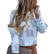 Load image into Gallery viewer, MoneRffi Puff Shoulder Blouse Shirts Office Lady New Autumn Metal Buttoned Detail Blouses Women Pineapple Print Long Sleeve Tops