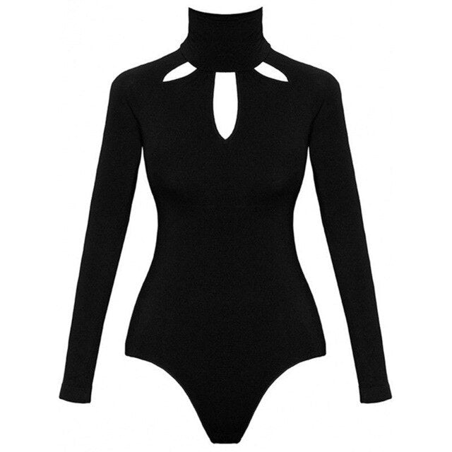 Sexy Women Bodysuit Rompers Hollow Out One-Pieces 2019 Spring Autumn Long Sleeve High-Necked Bodycon Body Suit Ladies Overalls