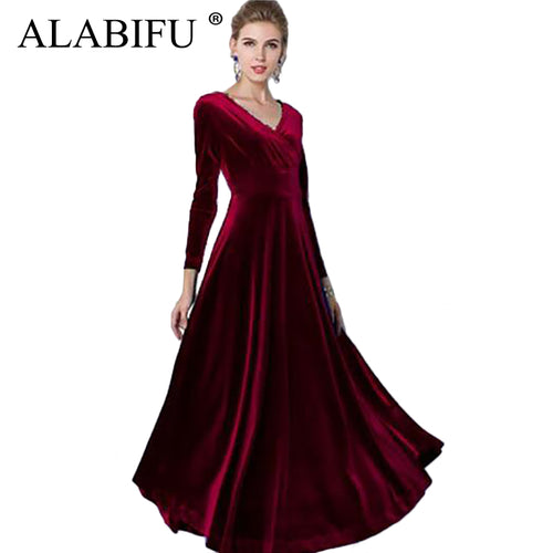 ALABIFU Autumn Winter Dress Women 2019 Casual Vintage Ball Gown Velvet Dress Plus Size 3XL Sexy Long Party Dress Vestidos