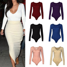 Load image into Gallery viewer, 2019 New Fashionable Women Solid Color V-Neck Stretch Long Sleeve Plunge Tops Sexy Jumpsuit Hot Sale Skinny Bodysuits For Ladies