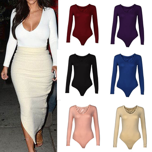 2019 New Fashionable Women Solid Color V-Neck Stretch Long Sleeve Plunge Tops Sexy Jumpsuit Hot Sale Skinny Bodysuits For Ladies