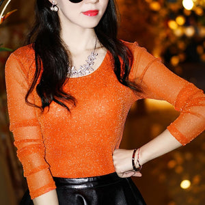 2019 Spring Summer Women's Sexy See Through Mesh Blouse Long Sleeve Transparent Shining Elegant Shirt Fashion Women Tops DF2417